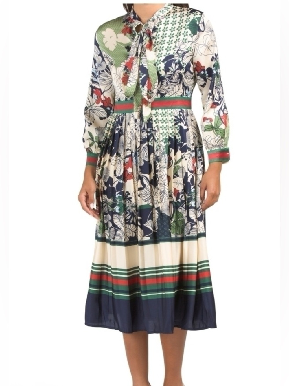 Dalia Macphee Floral Tie Neck Pleated Dress